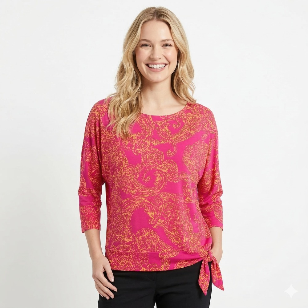 Chico's Women's Size 3 XL Pink Paisley Batwing Side Tie Tunic Top Vibrant Shirt